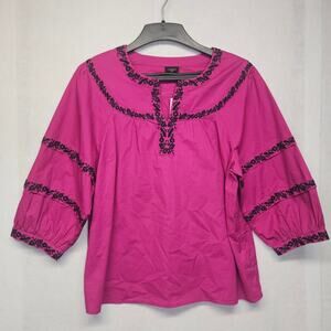 NWT Talbots Pink Embroidered Balloon Sleeve v-neck Blouse